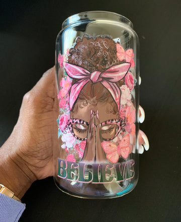 Believe (Praying Hands) Glass Can 16oz
