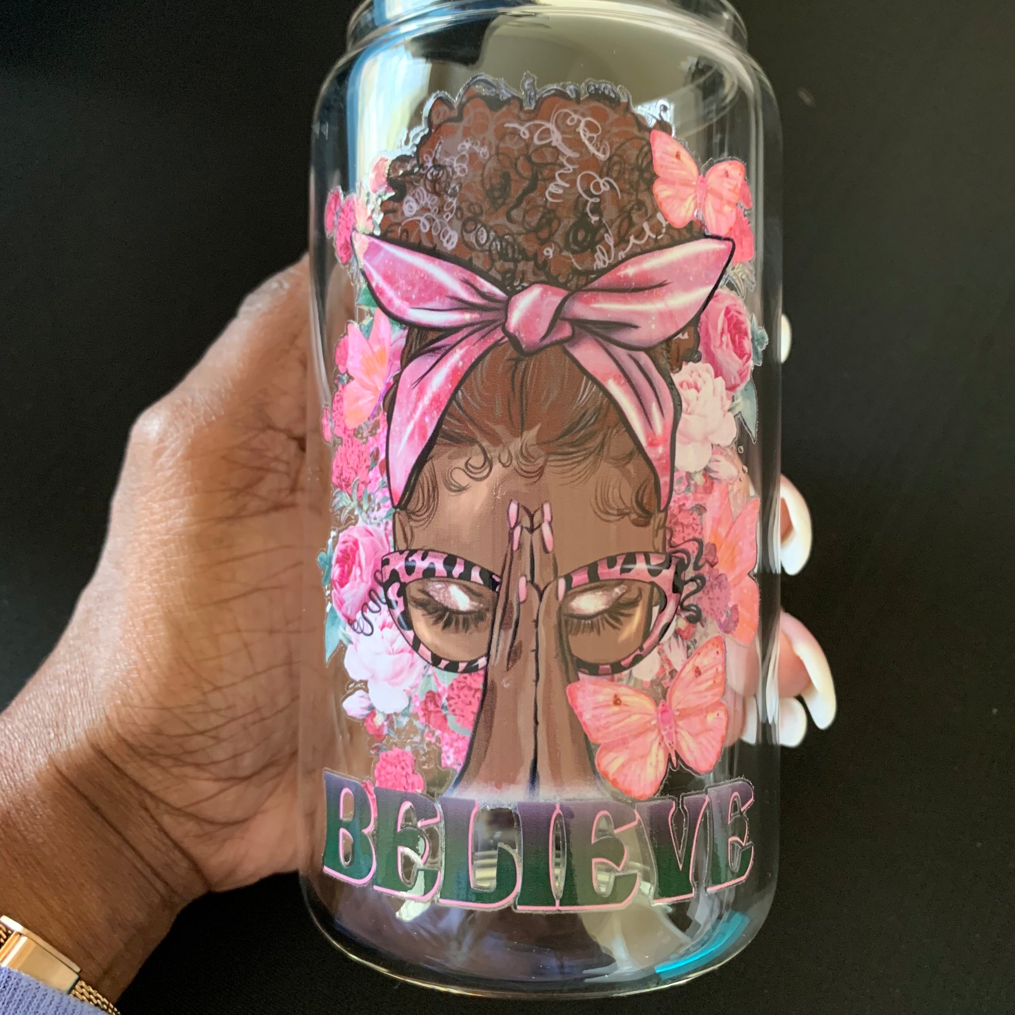Believe (Praying Hands) Glass Can 16oz